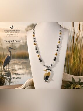 “The Quiet Heron” Necklace Uranium Glass Shell Bird Freshwater Pearls
